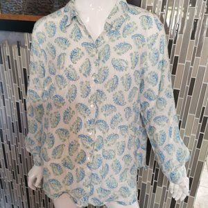J Jill Love Linen Shirt Womens 1X Floral Long Sleeve Button Front White Blue0177